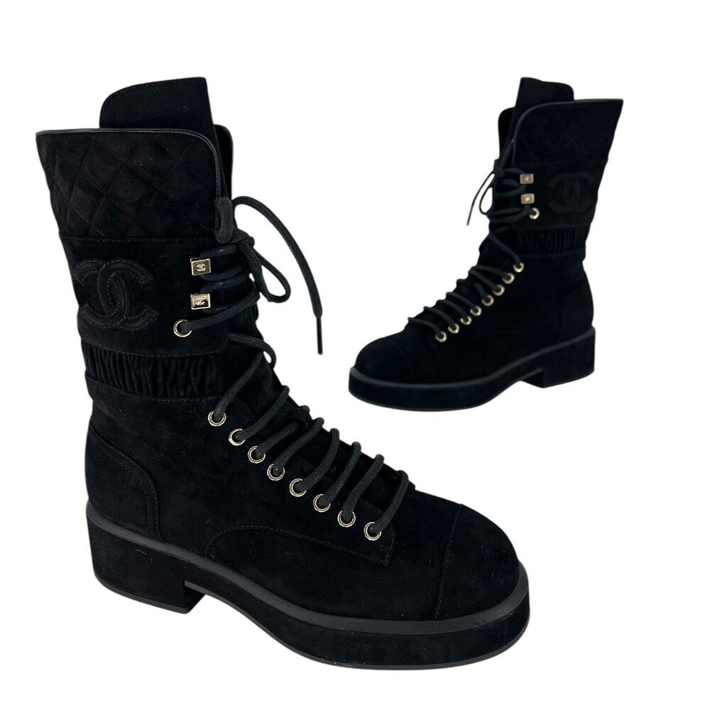 Chanel CC Suede Quilted Lace Up Combat Cap Toe Boots in Black - Picture 5 of 16